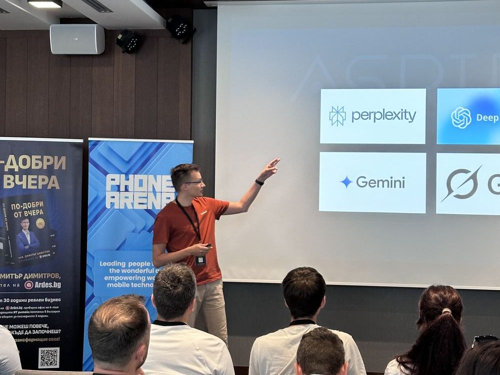 Kristian Iliev presenting AI tools to an audience